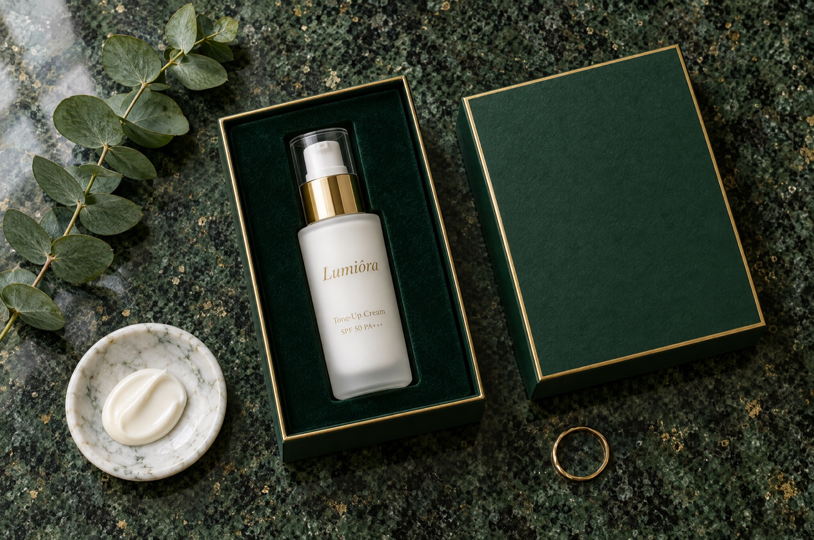 Open Lumiôra gift box with the bottle on velvet, eucalyptus, a marble dish of cream and a gold ring on green granite