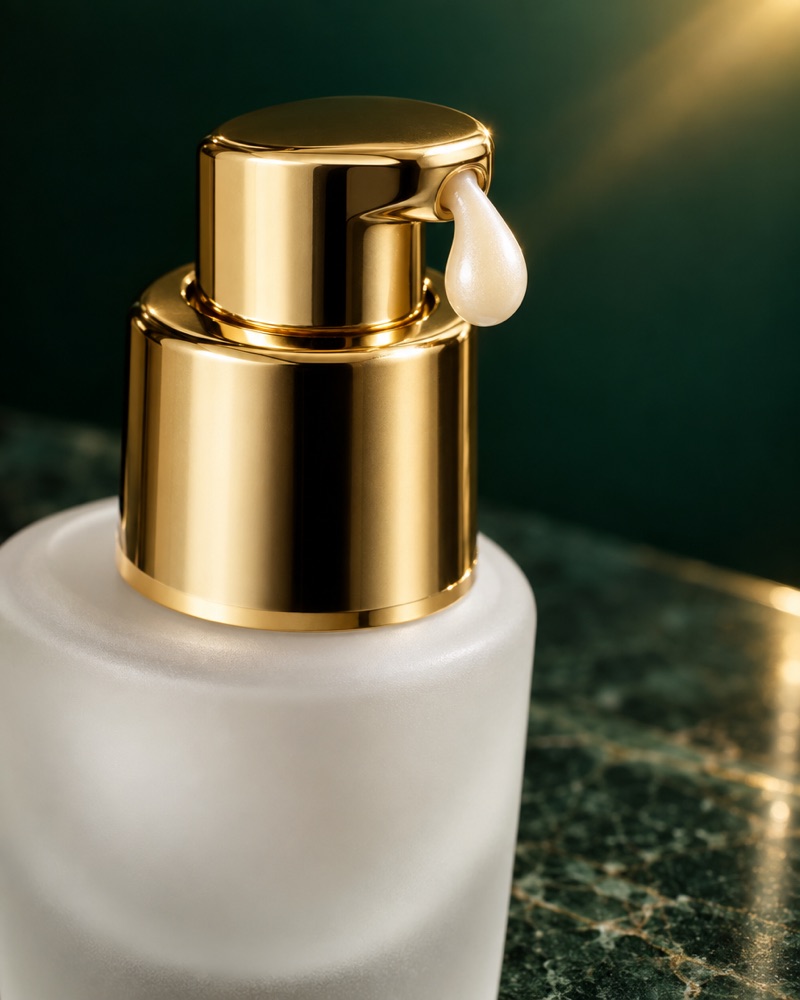 Close-up of the gold pump of the Lumiôra bottle with a single pearl of cream emerging